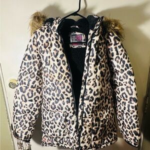 Justice Girls Leopard Print Puffer Jacket with Faux Fur Hood Size 14/16